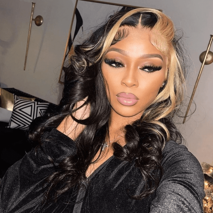 SZC Brown Skunk Stripe Black Body Wave 13x4 Lace Front Human Hair Wigs