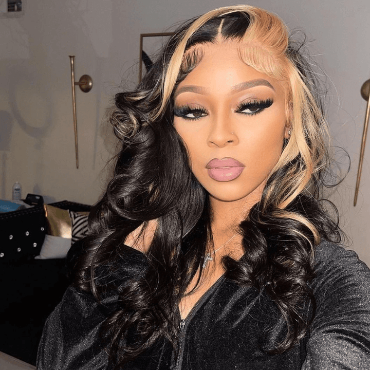 SZC Brown Skunk Stripe Black Body Wave 13x4 Lace Front Human Hair Wigs