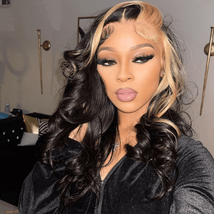 SZC Brown Skunk Stripe Black Body Wave 13x4 Lace Front Human Hair Wigs
