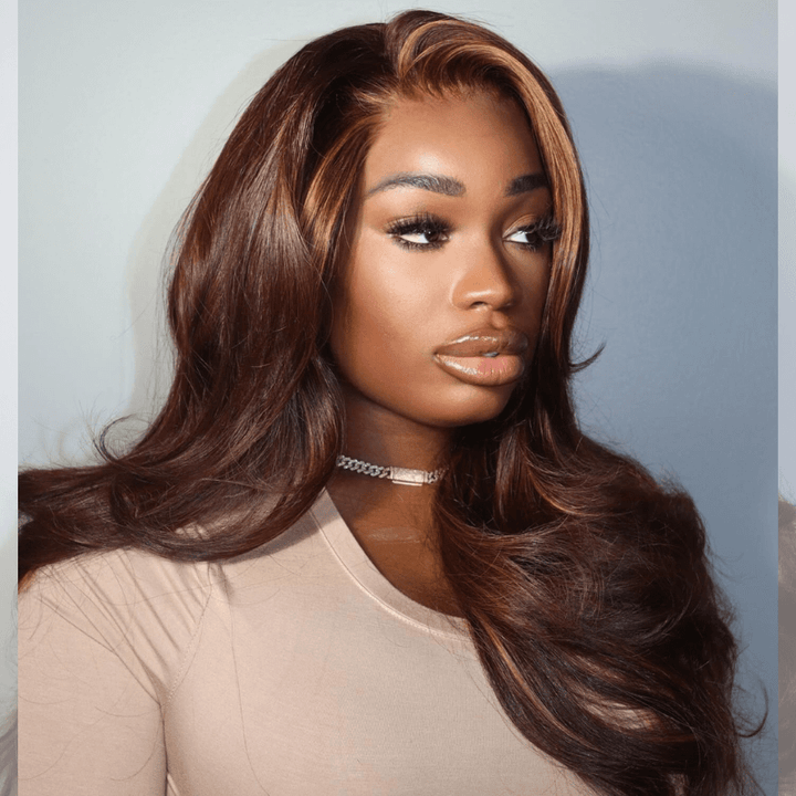 SZC 250 300 Density Brown With Honey Blonde Highlight Skunk Stripe Remy Human Hair Wig