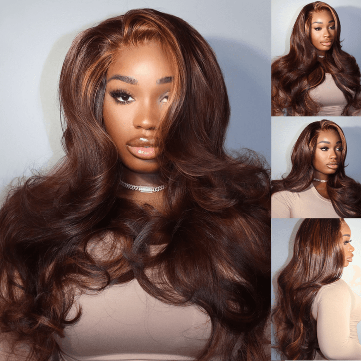 SZC 250 300 Density Brown With Honey Blonde Highlight Skunk Stripe Remy Human Hair Wig