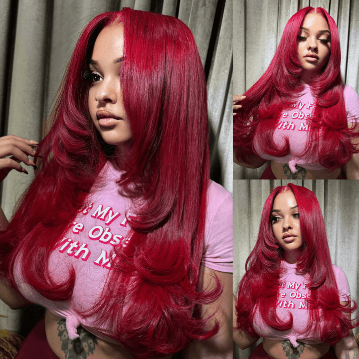 SZC Burgundy 99J Red Layered Straight 13x4 Lace Front Human Hair Wigs