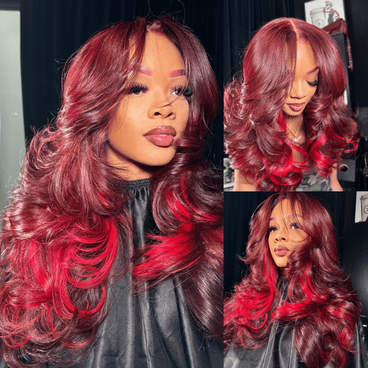 SZC Burgundy Color 13x4 Lace Front Human Hair Wigs With Red Highlights