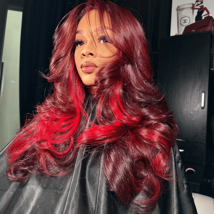 SZC Burgundy Color 13x4 Lace Front Human Hair Wigs With Red Highlights