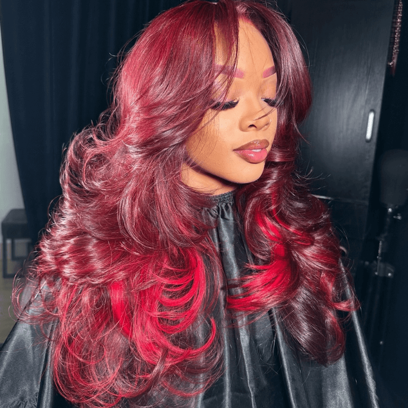 SZC Burgundy Color 13x4 Lace Front Human Hair Wigs With Red Highlights
