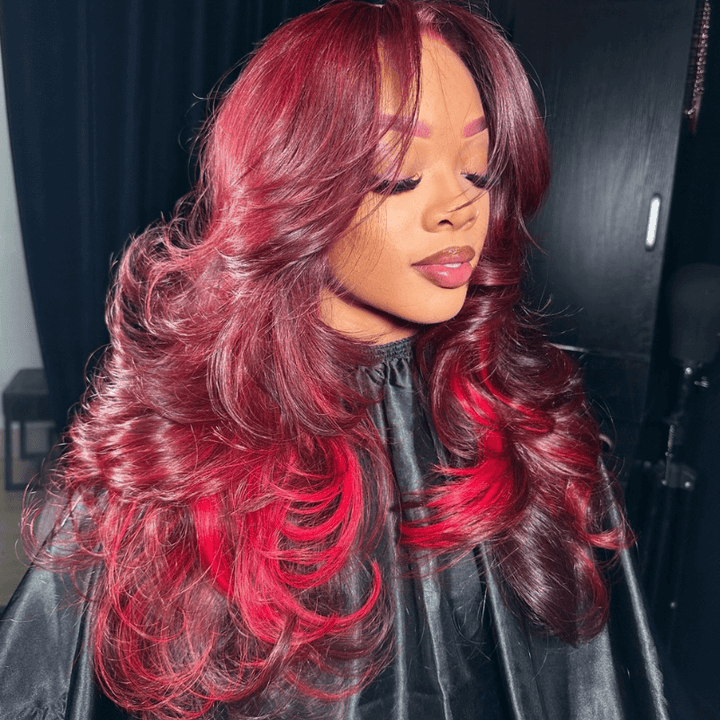SZC Burgundy Color 13x4 Lace Front Human Hair Wigs With Red Highlights