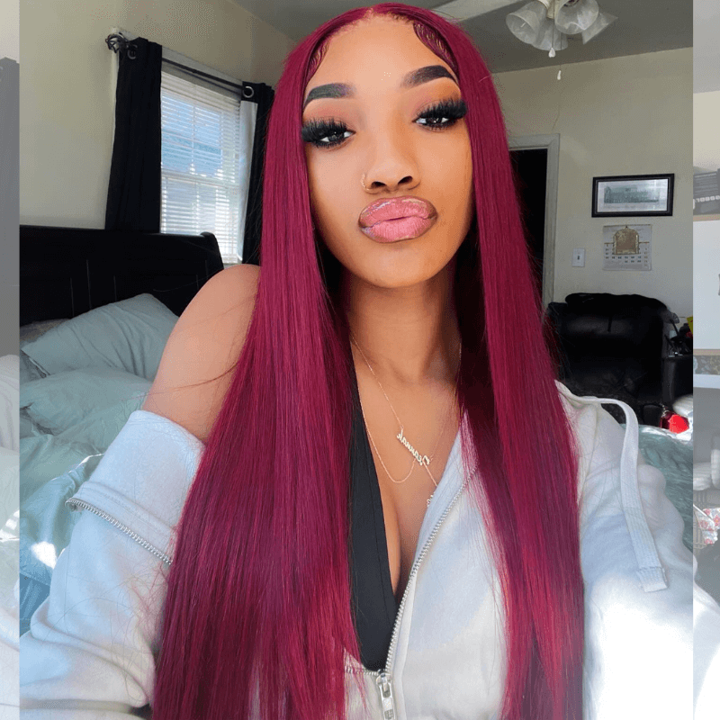 SZC Burgundy Red Bone Straight 13x4 Lace Front Human Hair Weave Wigs