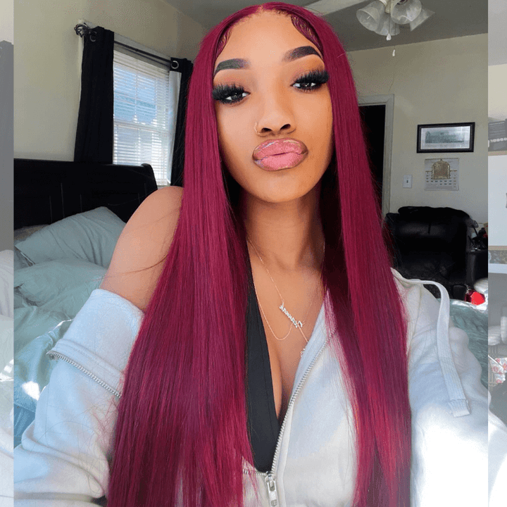SZC Burgundy Red Bone Straight 13x4 Lace Front Human Hair Weave Wigs