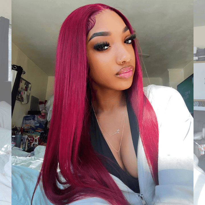 SZC Burgundy Red Bone Straight 13x4 Lace Front Human Hair Weave Wigs