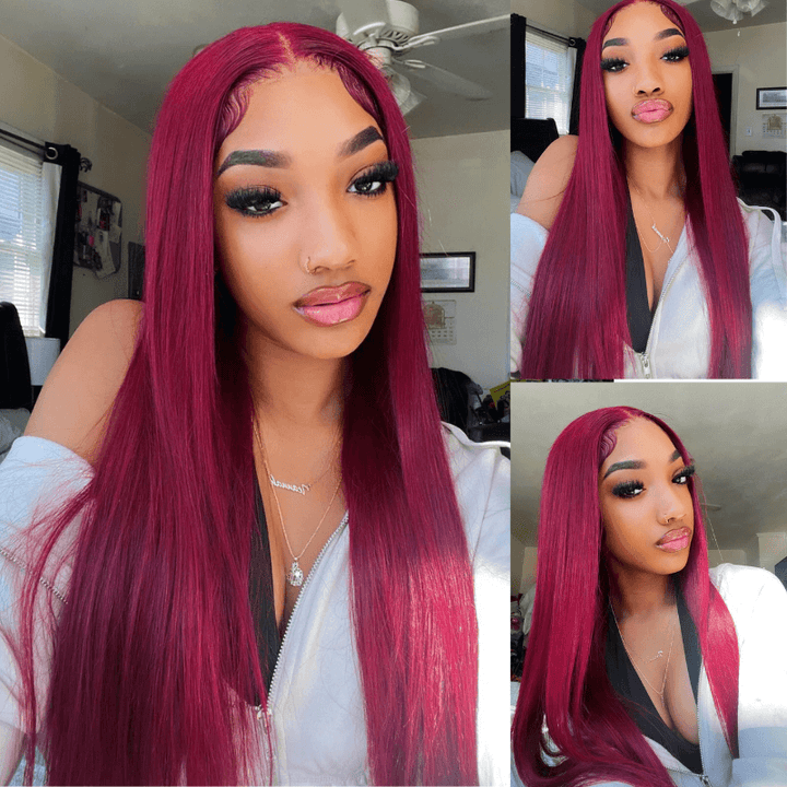 SZC Burgundy Red Bone Straight 13x4 Lace Front Human Hair Weave Wigs