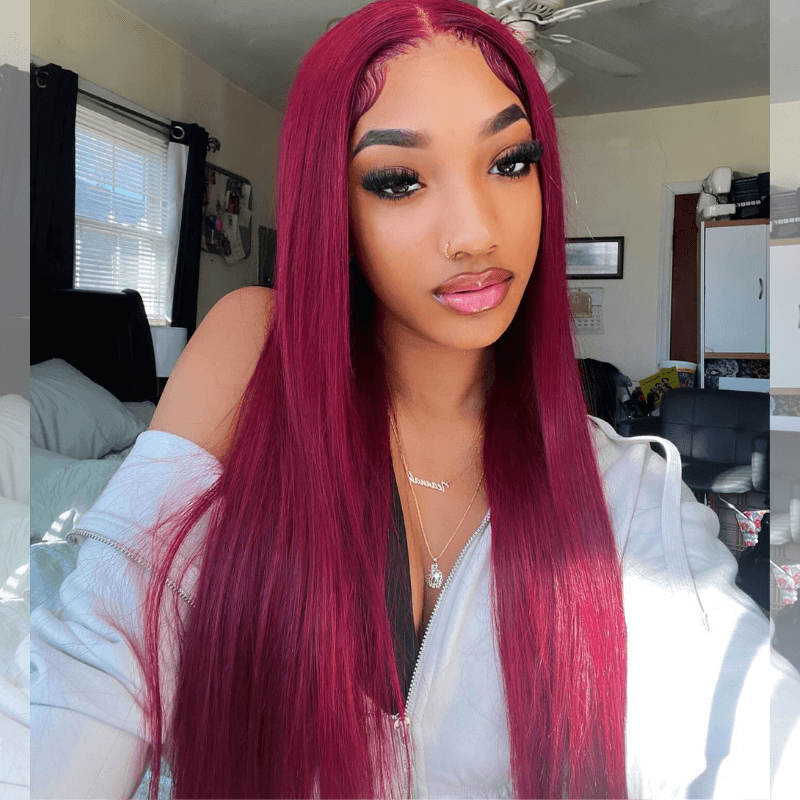 SZC Burgundy Red Bone Straight 13x4 Lace Front Human Hair Weave Wigs
