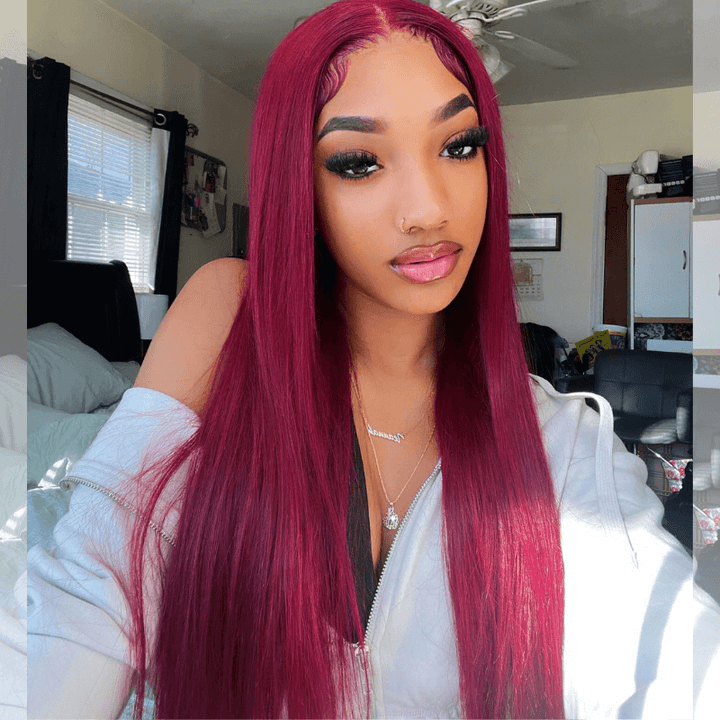 SZC Burgundy Red Bone Straight 13x4 Lace Front Human Hair Weave Wigs