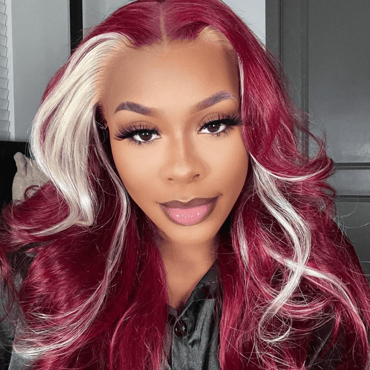 SZC Burgundy Red With Blonde Skunk Stripe 13x4 Lace Front Human Hair Wigs