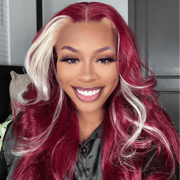 SZC Burgundy Red With Blonde Skunk Stripe 13x4 Lace Front Human Hair Wigs