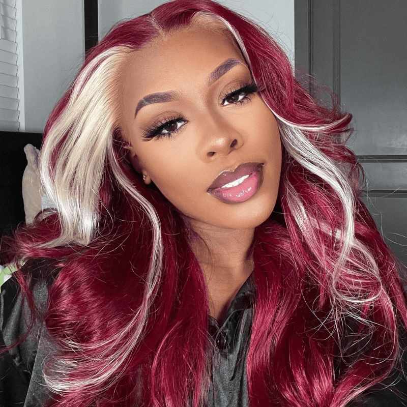SZC Burgundy Red With Blonde Skunk Stripe 13x4 Lace Front Human Hair Wigs