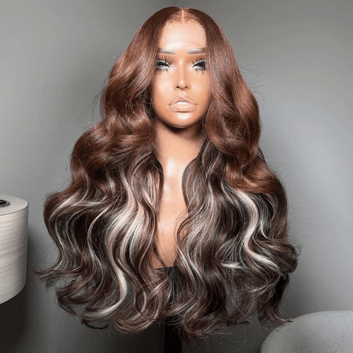 SZC Chocolate Brown With Blonde Highlights Lace Front Body Wave Hair Wig