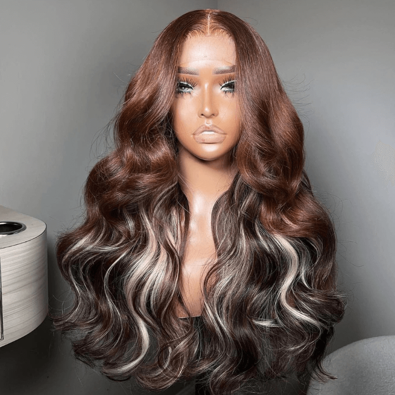 SZC Chocolate Brown With Blonde Highlights Lace Front Body Wave Hair Wig