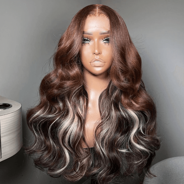 SZC Chocolate Brown With Blonde Highlights Lace Front Body Wave Hair Wig
