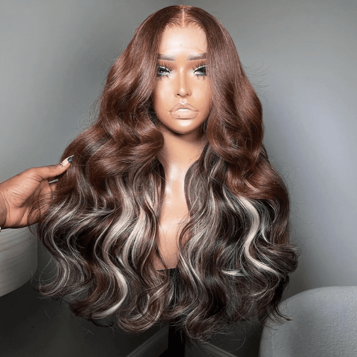 SZC Chocolate Brown With Blonde Highlights Lace Front Body Wave Hair Wig
