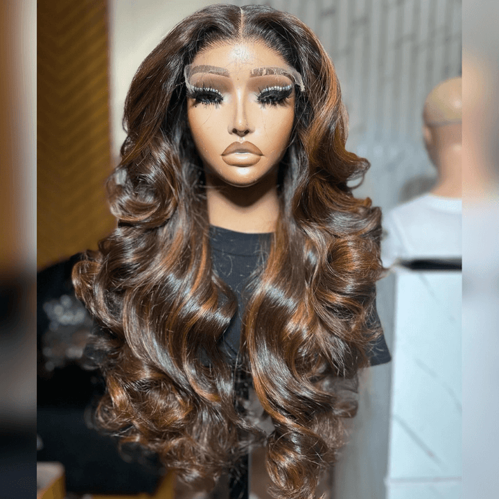 SZC Chocolate Brown With Ginger Highlights 13x4 Lace Front Human Hair Wigs