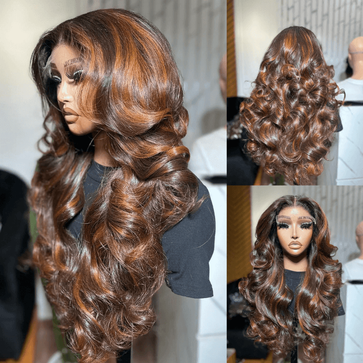 SZC Chocolate Brown With Ginger Highlights 13x4 Lace Front Human Hair Wigs