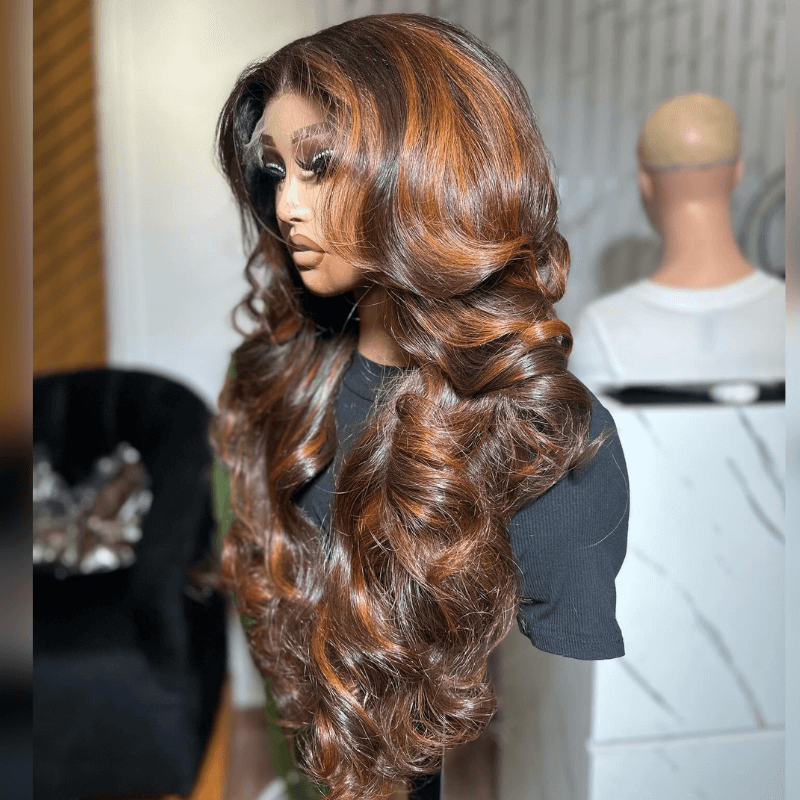 SZC Chocolate Brown With Ginger Highlights 13x4 Lace Front Human Hair Wigs