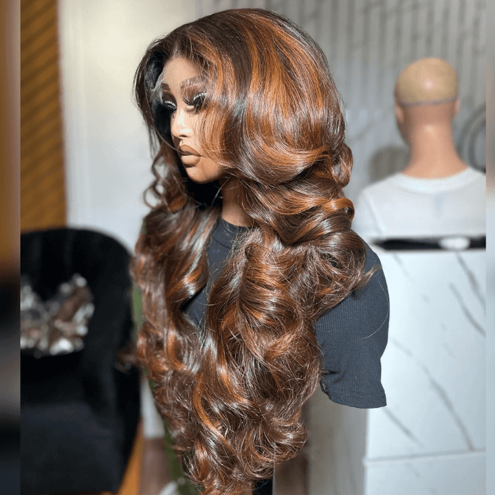 SZC Chocolate Brown With Ginger Highlights 13x4 Lace Front Human Hair Wigs