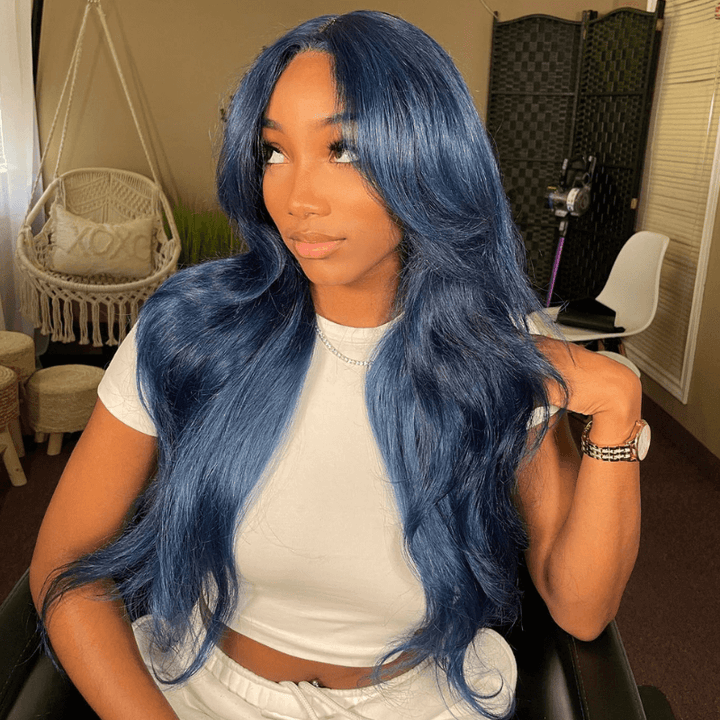 SZC Dark Blue Color 200 Density 13x4 Lace Front Virgin Human Hair Wigs
