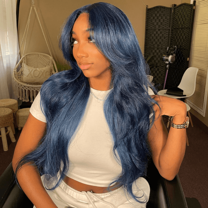 SZC Dark Blue Color 200 Density 13x4 Lace Front Virgin Human Hair Wigs