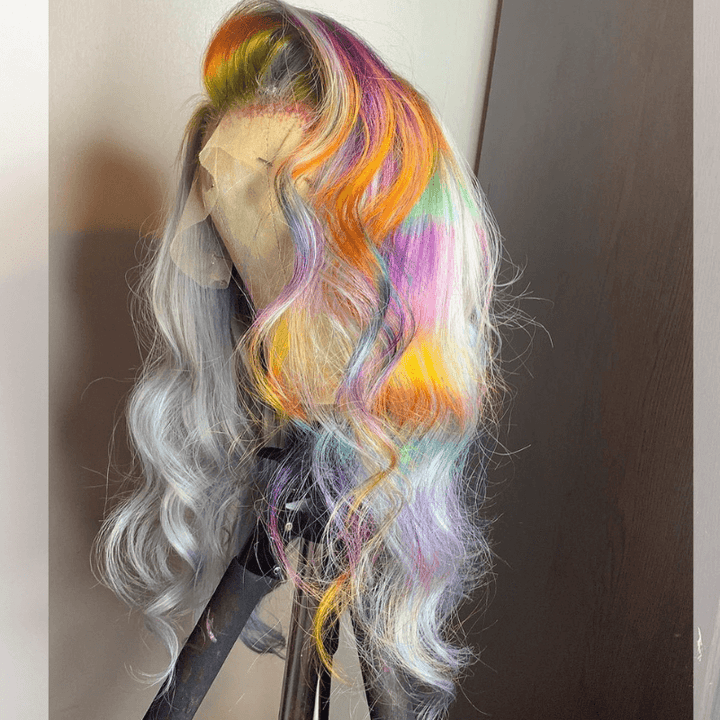 SZC Ginger Purple Yellow Gray Multi Color 13x4 Lace Front Human Hair Wigs