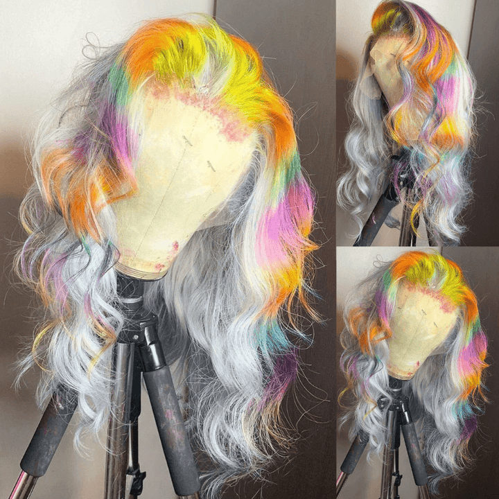 SZC Ginger Purple Yellow Gray Multi Color 13x4 Lace Front Human Hair Wigs