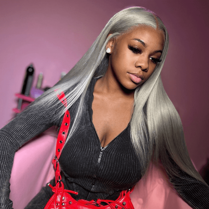 SZC Gray Color Bone Straight Grey 13x4 Lace Front Virgin Human Hair Wig