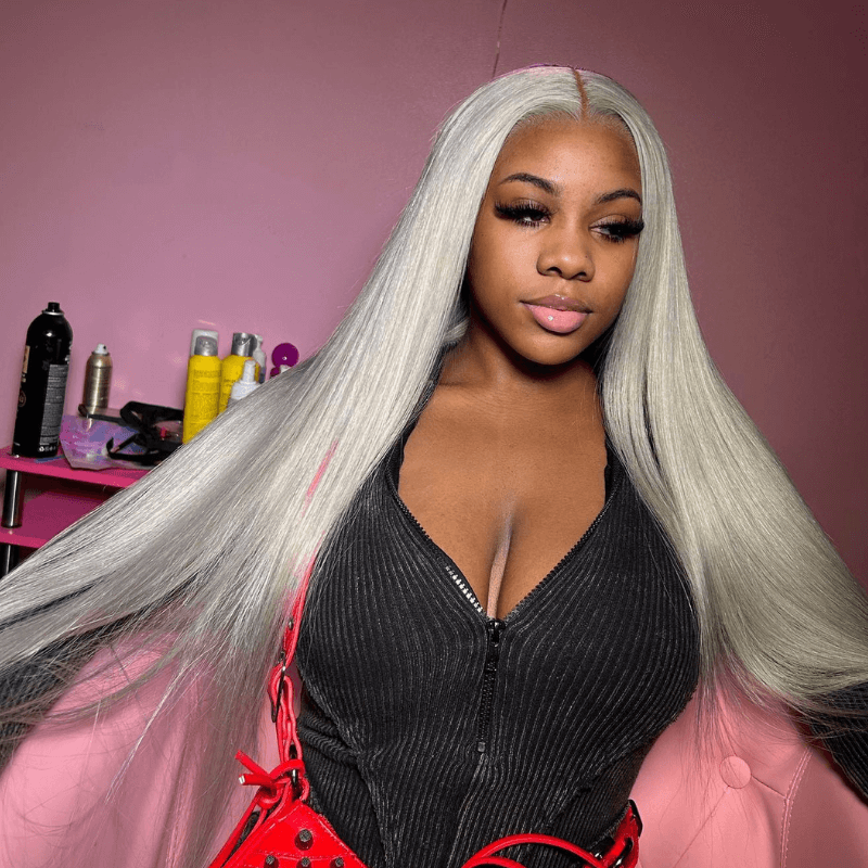 SZC Gray Color Bone Straight Grey 13x4 Lace Front Virgin Human Hair Wig