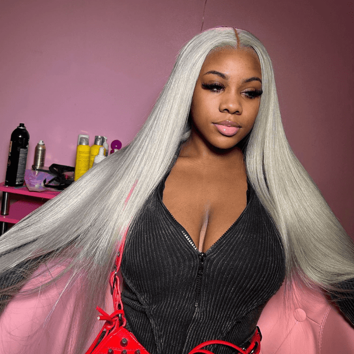 SZC Gray Color Bone Straight Grey 13x4 Lace Front Virgin Human Hair Wig
