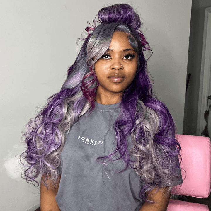 SZC Gray Purple Highlight Body Wave 13x4 HD Lace Front Human Hair Wigs