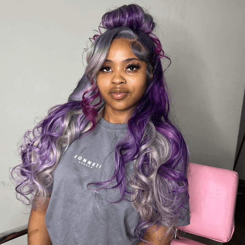 SZC Gray Purple Highlight Body Wave 13x4 HD Lace Front Human Hair Wigs