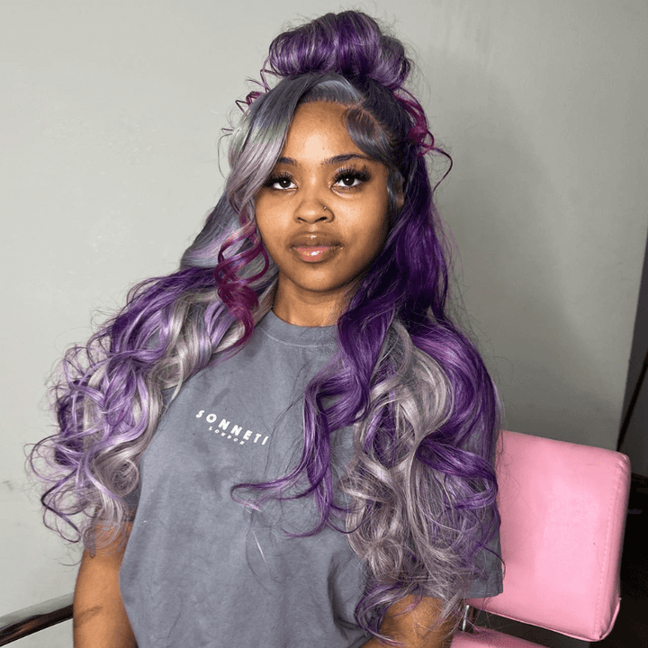SZC Gray Purple Highlight Body Wave 13x4 HD Lace Front Human Hair Wigs
