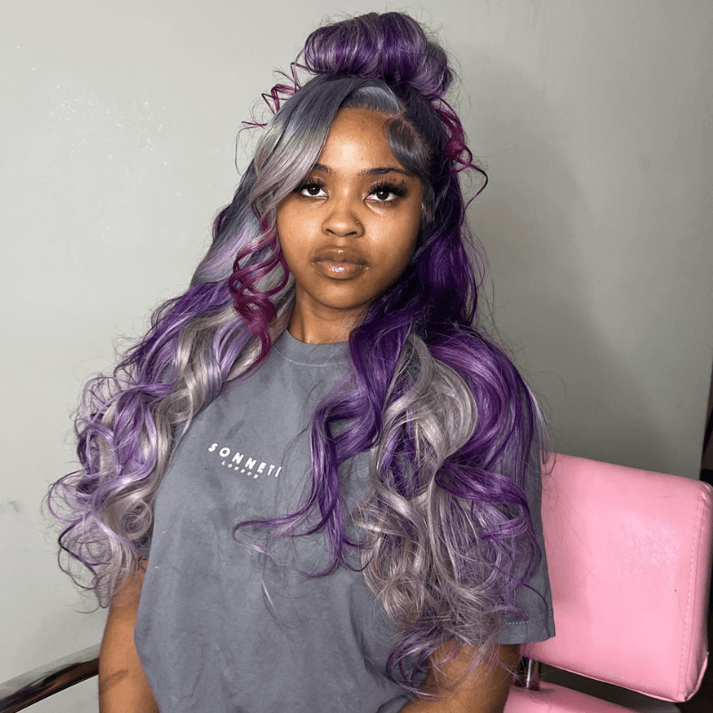 SZC Gray Purple Highlight Body Wave 13x4 HD Lace Front Human Hair Wigs