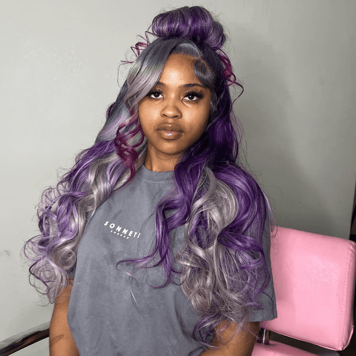 SZC Gray Purple Highlight Body Wave 13x4 HD Lace Front Human Hair Wigs