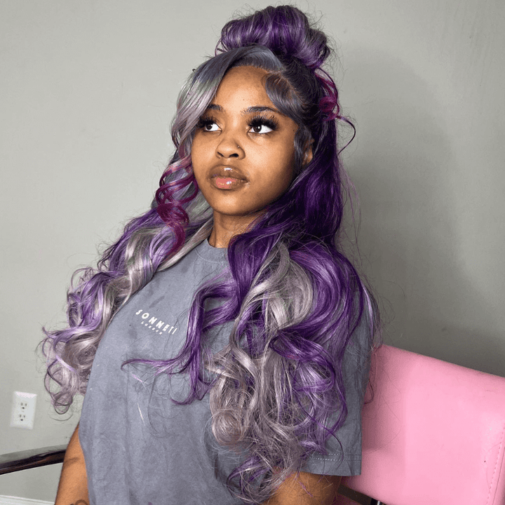 SZC Gray Purple Highlight Body Wave 13x4 HD Lace Front Human Hair Wigs
