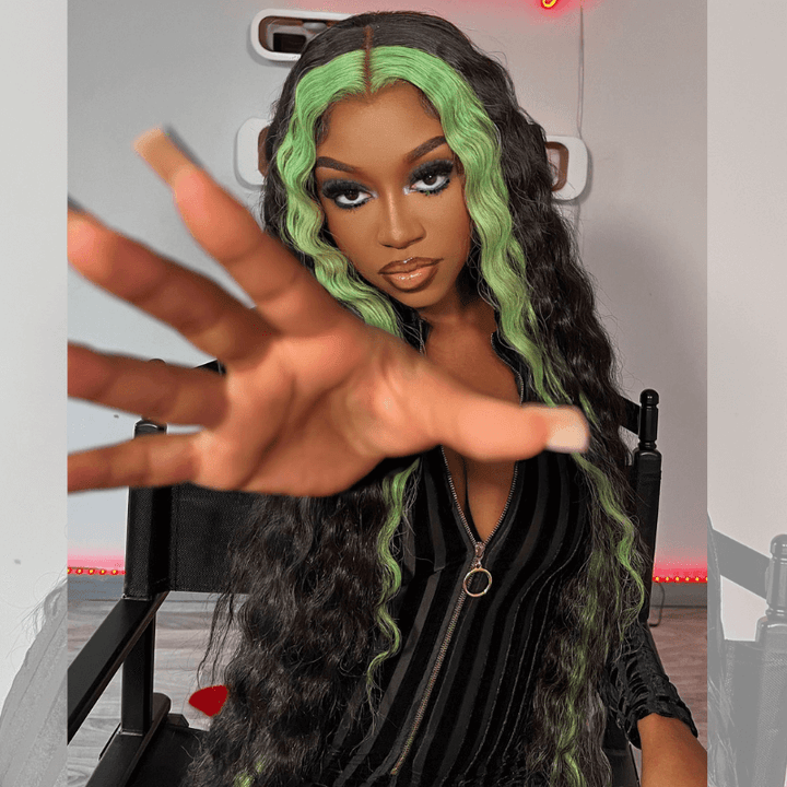 SZC Green Skunk Stripe Deep Wave Ear to Ear Lace Front Human Hair Wigs