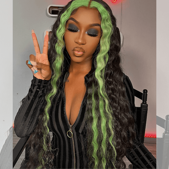 SZC Green Skunk Stripe Deep Wave Ear to Ear Lace Front Human Hair Wigs