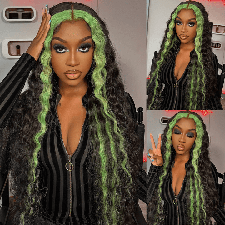 SZC Green Skunk Stripe Deep Wave Ear to Ear Lace Front Human Hair Wigs
