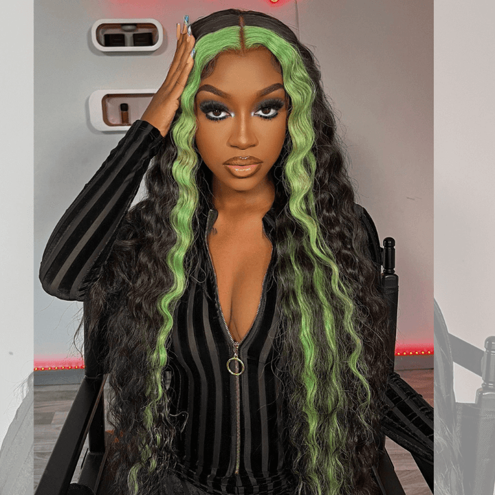 SZC Green Skunk Stripe Deep Wave Ear to Ear Lace Front Human Hair Wigs