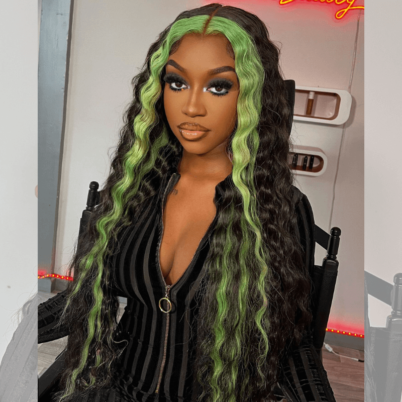 SZC Green Skunk Stripe Deep Wave Ear to Ear Lace Front Human Hair Wigs