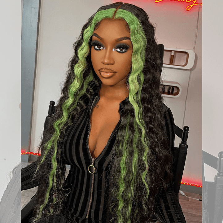 SZC Green Skunk Stripe Deep Wave Ear to Ear Lace Front Human Hair Wigs