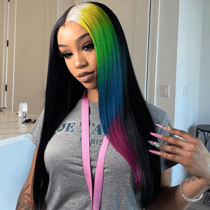 SZC Half Black Half Ombre Blonde Yellow Green Blue Red Remy Human Hair Wig