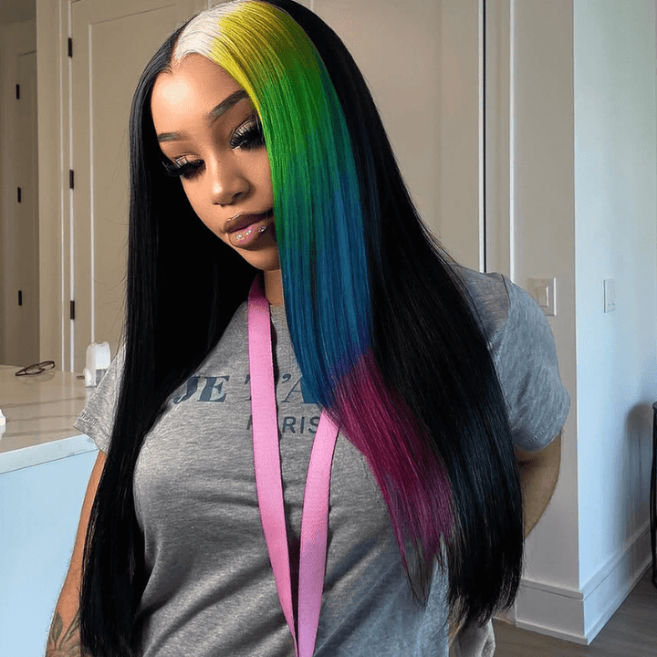 SZC Half Black Half Ombre Blonde Yellow Green Blue Red Remy Human Hair Wig