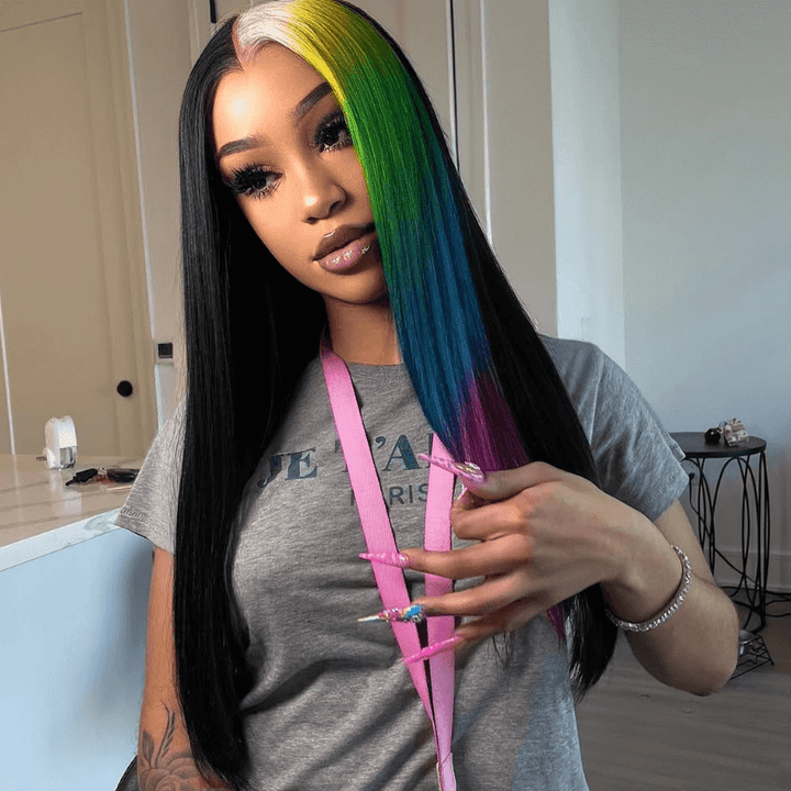SZC Half Black Half Ombre Blonde Yellow Green Blue Red Remy Human Hair Wig