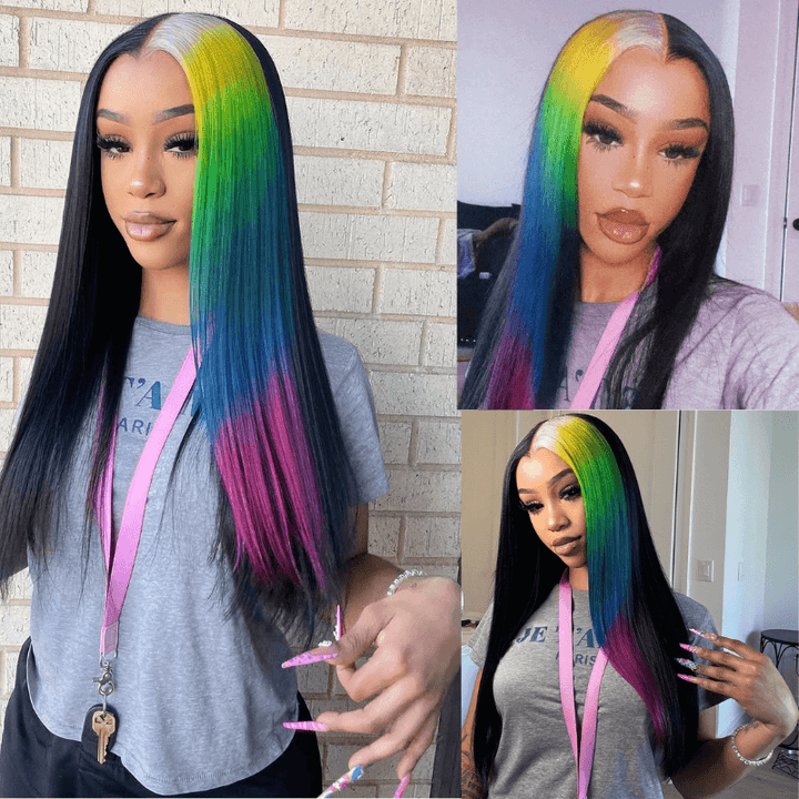 SZC Half Black Half Ombre Blonde Yellow Green Blue Red Remy Human Hair Wig